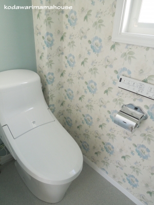 こだわりすぎるａ型ママのおしゃれな輸入住宅づくり ｗｅｂ内覧会 2階トイレ 激狭だけど壁紙にこだわった水色なトイレ
