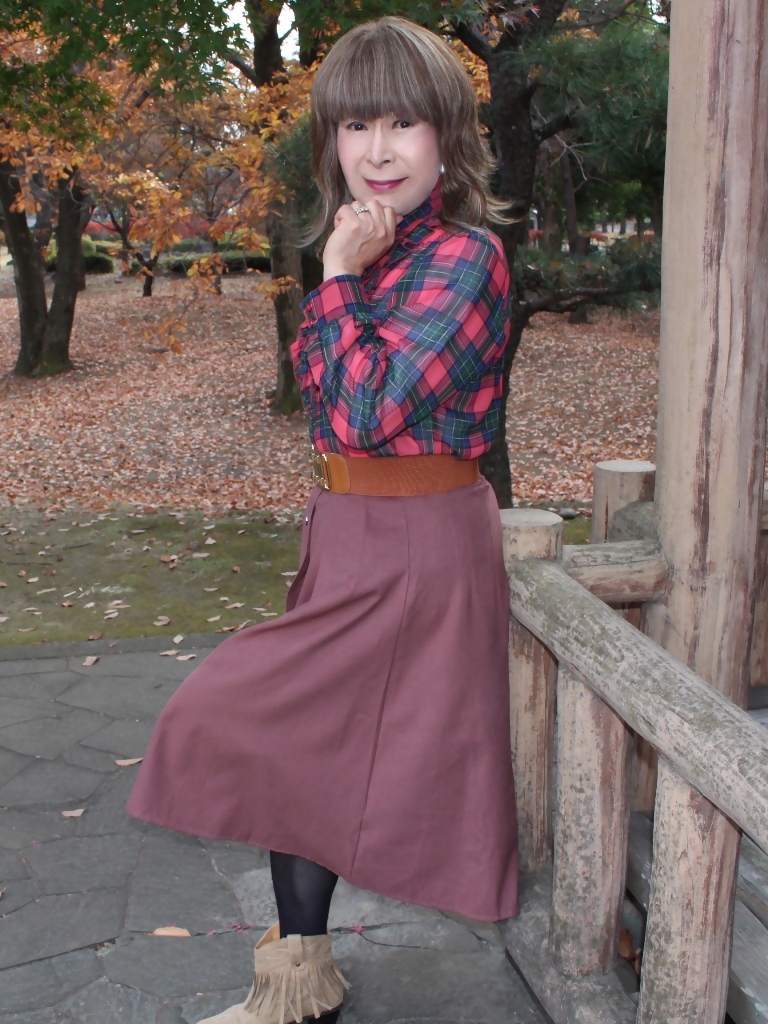 カメオピンクスカート緑赤格子ブラウスD(1)